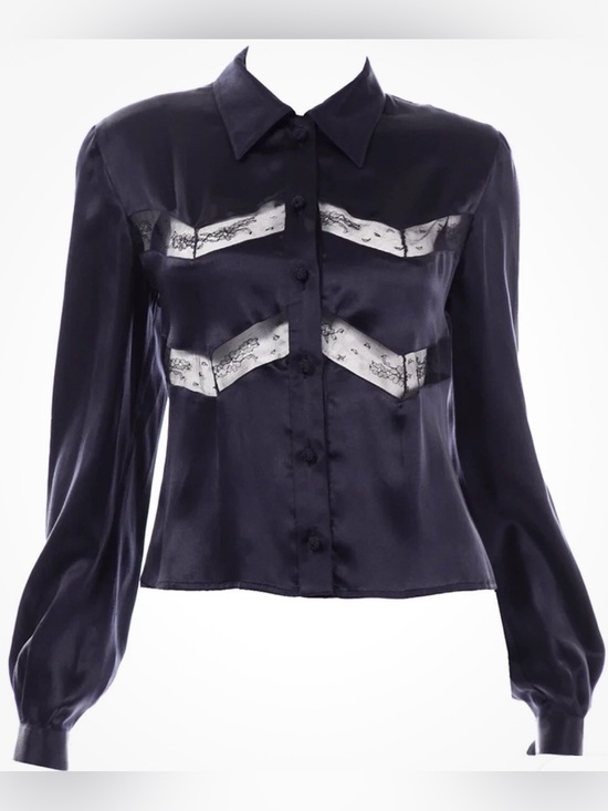 Valentino Tops - VTG Valentino Miss V 100% Silk Satin Navy Blue Black Lace Blouse Italy 14 / 48